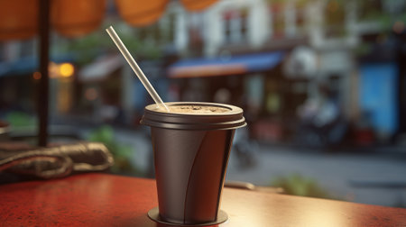 Coffee cup with straw on table in coffee shop, stock photoの素材