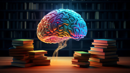 Brainstorming concept with human brain on books background. 3D renderingの素材