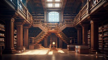 Inside view of an old library. 3D rendering. Vintage toned image.の素材