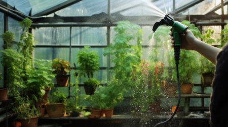 Woman watering plants in a greenhouse. Gardening concept. Close-up.の素材