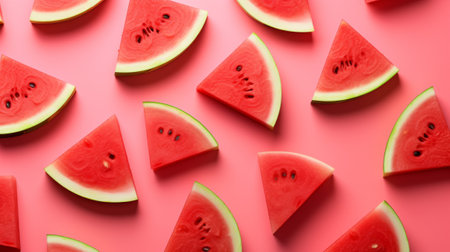 Slices of watermelon on pink background, top view.の素材