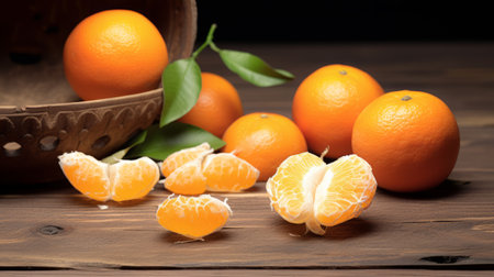 Fresh tangerines with leaves on a wooden table. Tangerine background.の素材