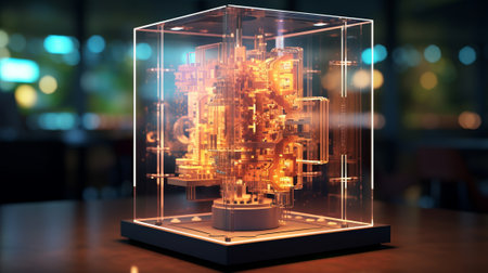 3d rendering of futuristic robot in a room with lights and reflectionの素材