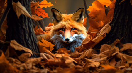 Red fox in the autumn forest with fallen leaves. Studio shot.の素材