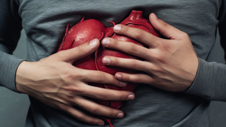 Closeup of a man holding a heart in his hands. Health care concept.の素材