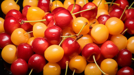Yellow and red cherries on a black background. Close-up.の素材