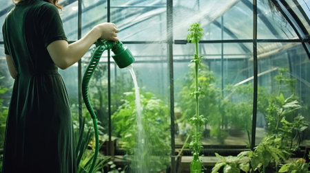 Woman watering plants in the greenhouse. Gardening and agriculture concept.の素材