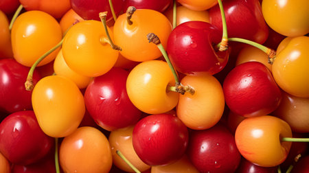 Cherries background. Close up of red and yellow cherry.の素材