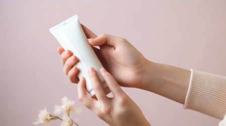 Female hands holding white tube of cream or lotion, closeupの素材