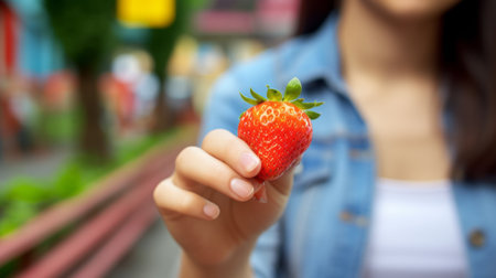 Closeup of young woman hand holding strawberry on blurred background. Healthy food conceptの素材