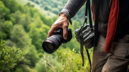 Photographer with camera on the background of the forest. Travel and adventure conceptの素材