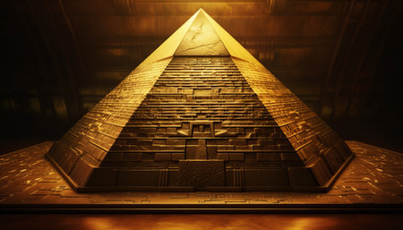 Pyramid of gold on a dark background. 3d rendering.の素材