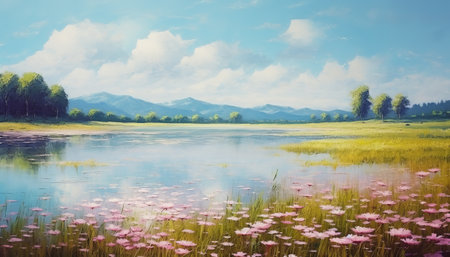 Landscape with lake and mountains in the background. Digital painting.の素材