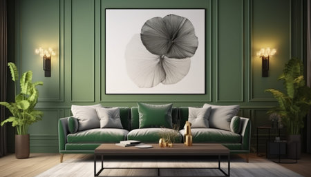 Green living room interior with a green sofa, coffee table and a painting on the wall. 3d rendering.の素材