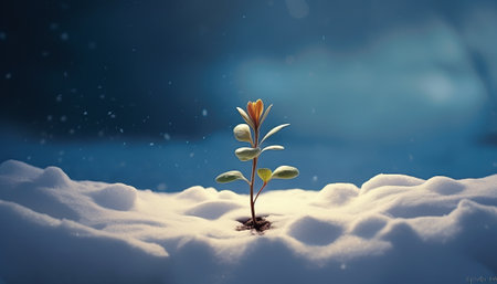3d illustration of a small plant growing in the snow. New life concept.の素材