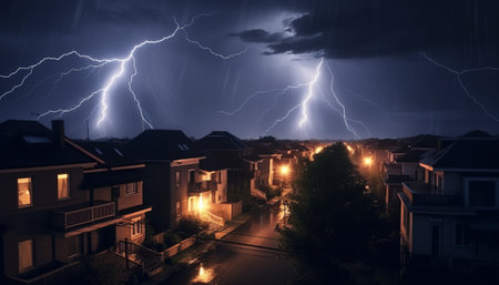 Lightning strikes the houses in the city at night. Conceptual imageの素材