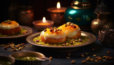 Turkish dessert kadayif with pistachios and nuts on a dark backgroundの素材