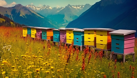 Colorful wooden beehives on meadow in Swiss Alps.の素材