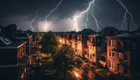 Lightning strikes the city at night. Thunderstorm in the city.の素材