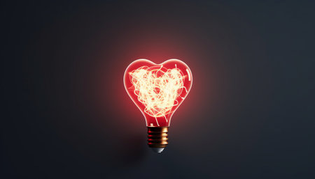 Glowing red heart shape light bulb on dark background. 3D renderingの素材