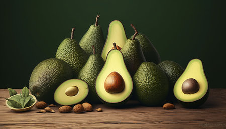 Avocado fruits on wooden table and green background. 3d illustrationの素材