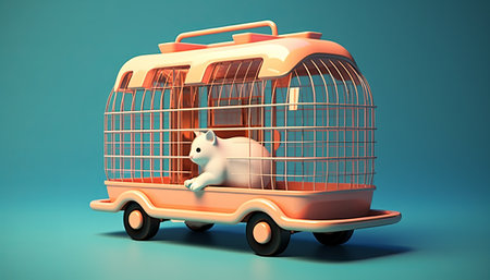 Cute cat in a cage on the car. 3D renderingの素材