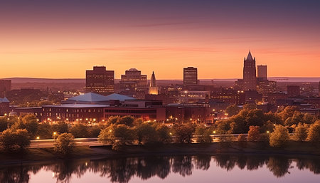 Boston downtown skyline at sunset, Massachusetts, United States of America.の素材