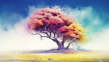 Abstract colorful tree on sky background. Digital painting. 3d renderingの素材