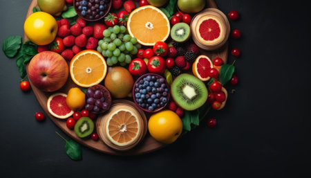 Fresh fruits and berries on a black background. Top view, copy spaceの素材