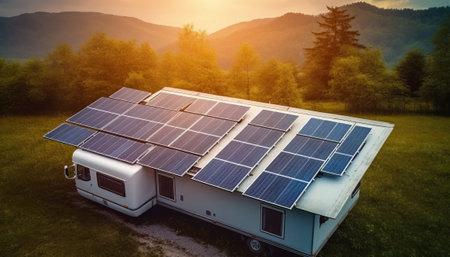 Photovoltaic panels installed on the roof of a camper carの素材