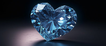 Blue diamond heart on black background, 3d render illustration, horizontalの素材