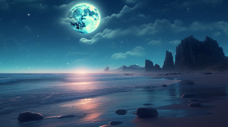 Fantasy alien planet. Mountain and lake. 3D illustration.の素材