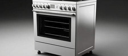 Stainless steel oven on a grey background. 3d renderingの素材