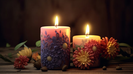 Burning candles and flowers on a wooden background with copy space.の素材