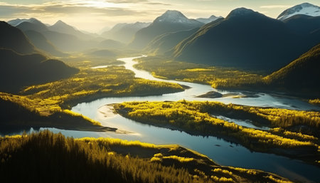 Mountain landscape with river and forest at sunset. 3d renderの素材