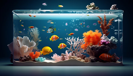 Tropical fish and corals in aquarium. 3D illustrationの素材