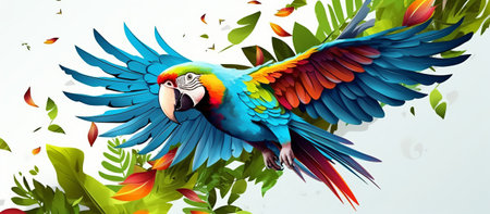 Beautiful colorful macaw parrot flying on leaves background. Vector illustration.の素材