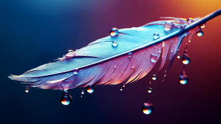 Beautiful color feather and water drops on it isolated on black backgroundの素材