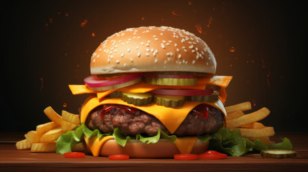 Big tasty cheeseburger on wooden table. 3d illustration.の素材