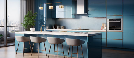 3d render of blue modern kitchen in a house with a beautiful designの素材