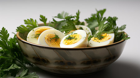 Boiled eggs with parsley and dill in a wooden bowlの素材
