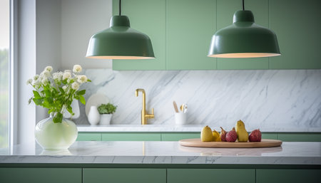 Modern green kitchen interior design with a marble countertop, a glass vase of flowers and a sink. 3d rendering mock upの素材