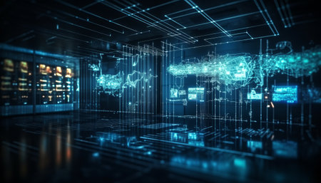 Futuristic server room 3D rendering toned image double exposureの素材