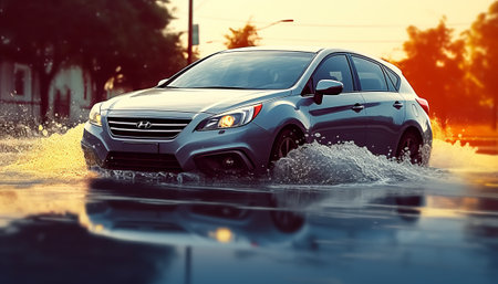 Car driving through a puddle on a city street at sunset.の素材