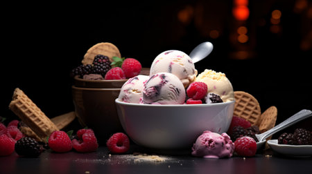 ice cream scoops in a bowl on a black background with berriesの素材