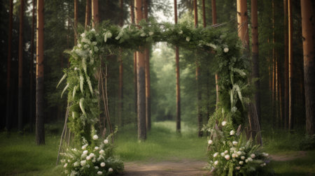 Wedding ceremony in the forest. Wedding arch decorated with white flowersの素材