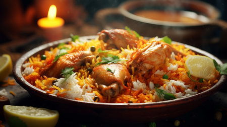 Indian chicken biryani with basmati rice and vegetables.の素材