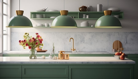 3d render of a modern kitchen interior with a green countertopの素材