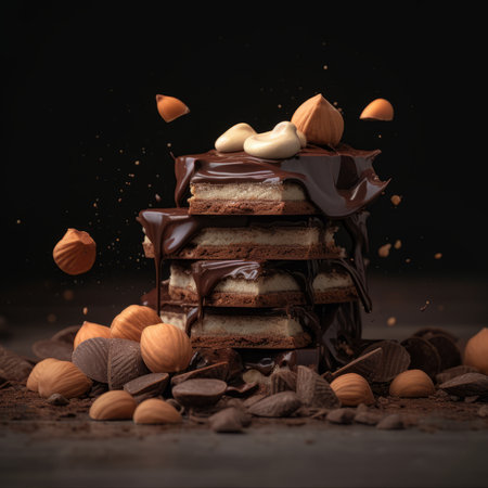 Chocolate stack with hazelnuts and almonds on a black backgroundの素材