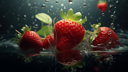 Strawberries falling into water with splash and drops on dark backgroundの素材